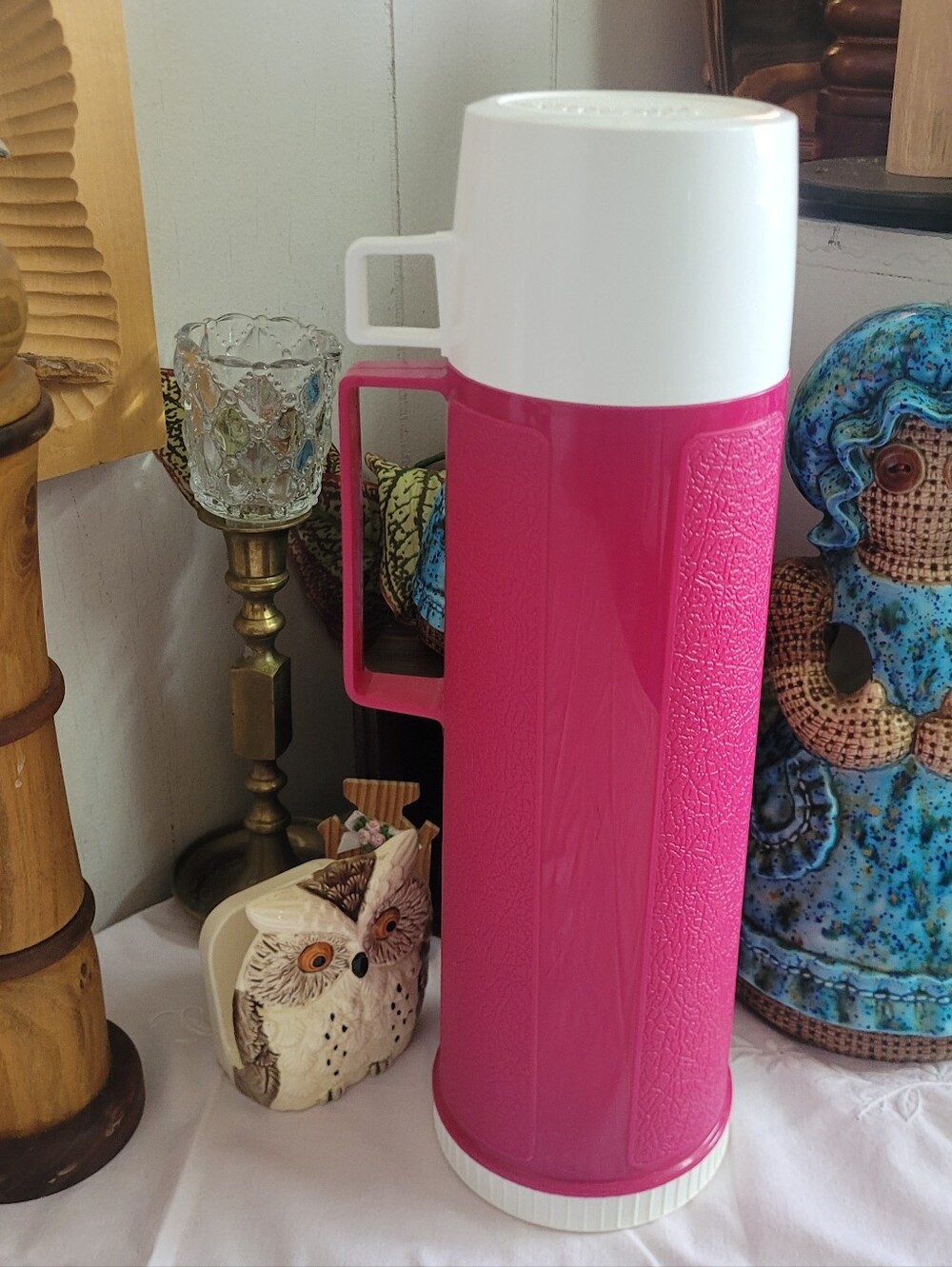 Thermos Pink Insulated Vacuum Flask with Carry Handle - White Cap Vintage